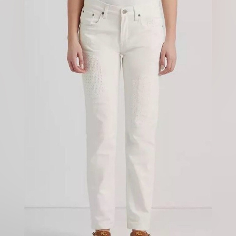 Lauren Ralph Lauren white eyelet patchwork relaxed jeans, size 0
